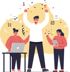 Poster - Team celebrating success with laptop and tablet in office environment vector illustration 