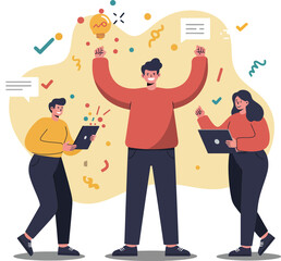 Poster - Group of cheerful people celebrating success with digital devices and creative ideas vector illustration 