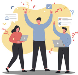 Poster - Team celebrating success with laptops and checklists in modern office vector illustration 