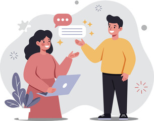 Poster - Two people communicating with speech bubbles and laptop in casual conversation vector illustration 