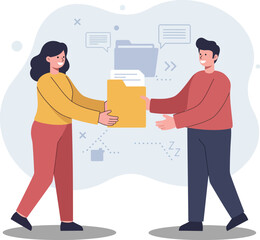 Poster - Two people exchanging folder with documents teamwork concept business communication vector illustration 