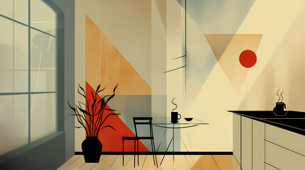 Wall Mural - refreshing morning scene with steaming coffee and modern minimalist decor amidst abundant natural li