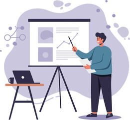Poster - Man giving presentation with pointer and laptop in modern office setting vector illustration 