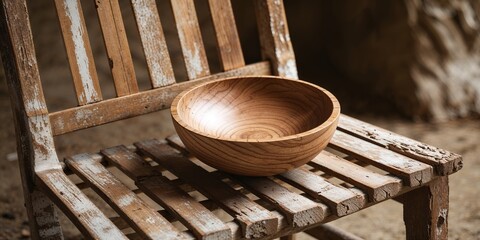 Poster - Wooden bowl rests on a rustic chair in a cozy, warmly lit space with natural textures and earthy tones