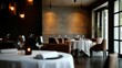 © Awut - Elegant modern restaurant interior with cozy lighting, large offe natural daylight, stylish seating with round tables, fine dining setup, and contemporary decor