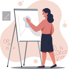 Poster - woman erasing whiteboard in office environment with business chart and casual outfit vector illustra
