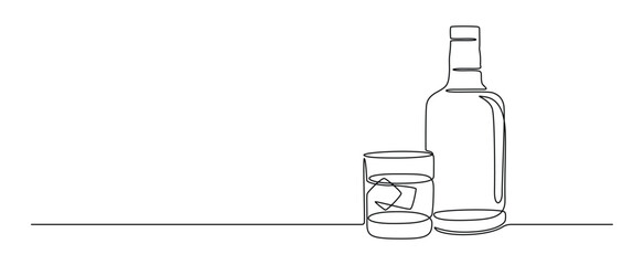 Poster - Glass and bottle of whiskey in one continuous line drawing. Whisky and liquor with ice cubes for alcohol drink menu in simple linear style. Editable stroke. Contour vector illustration