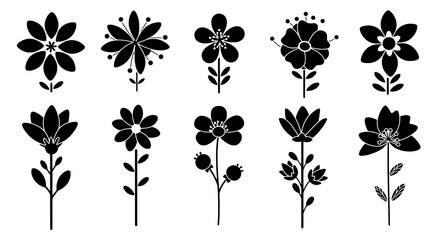 Poster - Floral Silhouette Symphony: An intricate and elegant black silhouette collection of various flowers, showcasing the beauty of nature in a clean, artistic way.