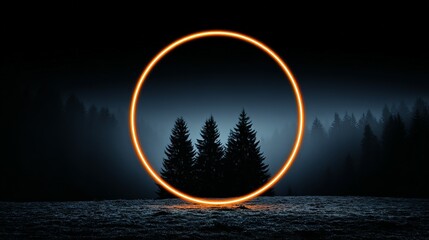 Poster - Illuminated circle framing a misty forest scene.