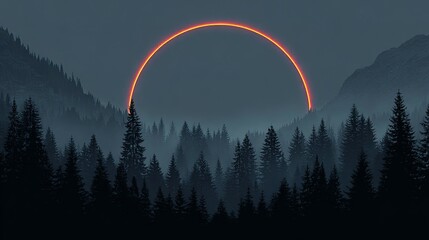 Poster - Misty mountain range framed by a glowing orange circle.
