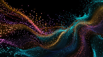 Poster - A digital artwork depicting a vibrant, flowing wave composed of interconnected glowing particles and thin lines against a dark background. The colors shift from warm oranges to cool teal.