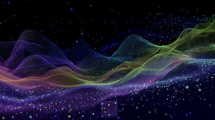 Poster - A digital illustration featuring vibrant, flowing waveforms in purple, green, and yellow hues, overlaid with sparkling particles against a dark background.