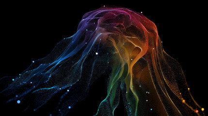 Poster - A vibrant digital artwork showcasing a flowing rainbow-colored particle waveform against a stark black background. The image evokes a sense of movement and energy.