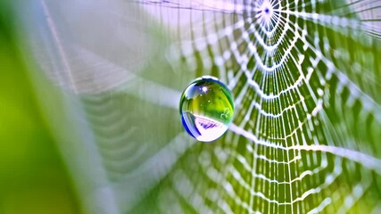 Poster - Close-up of spider web with a single water droplet reflecting the lush green surroundings in the meadow.