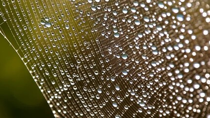 Intricate spiderweb covered in dewdrops, glistens in sunlight against a blurred green backdrop, showcasing nature's artistry and fragility.
