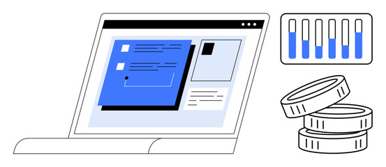 Poster - laptop displaying interface elements, stacked coins, and bar chart data analytics. ideal for finance
