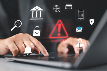 Leinwandbilder - Scam alert warning. Cybersecurity concept. Man using laptop, warning sign for scams with icons representing online threats, phishing, and cybersecurity. Unknown person, suspicious scammer, fraud,