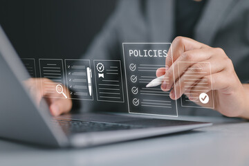Aufkleber - Policy documentation and compliance concept. Businessman reviews digital document Policies with icons, checklists, certifications, and financial detail. Policy management, regulatory compliance,