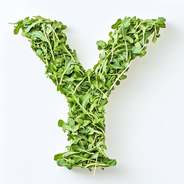 Letter Y made of fresh arugula leaves, isolated on white