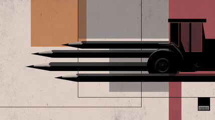 Wall Mural - a series of black and gray pencils laid out to form a compact urban tractor, with a minimalist city 