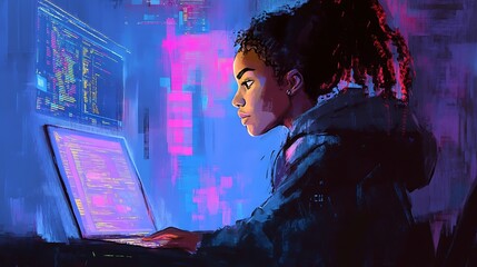 coder girl night cyberpunk art.