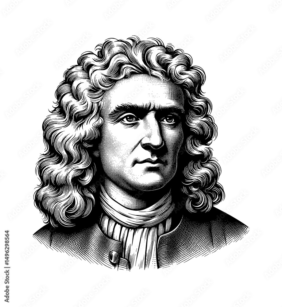 Detailed Engraved Portrait of Sir Isaac Newton with Wavy