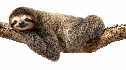 cute sloth hanging on tree branch isolated white background