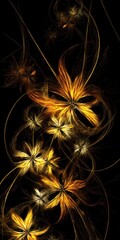 Poster - Abstract floral design with yellow and orange flowers blooming against a dark background, showcasing vibrant colors and intricate details.