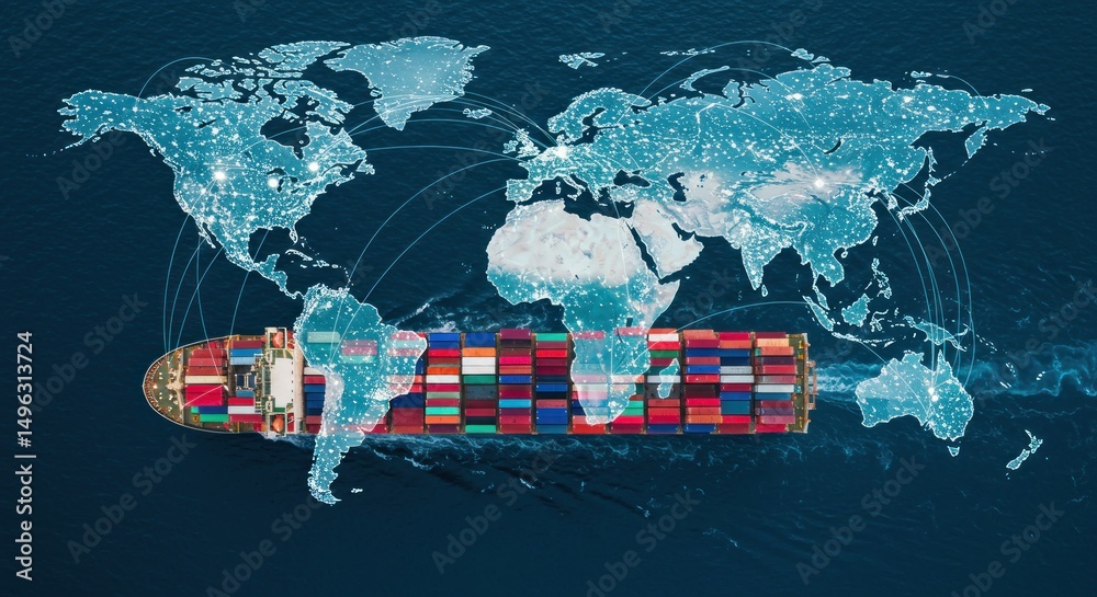 Map Routing Of Cargo Global Cargo Ship. World map overlaid with a large cargo vessel ...