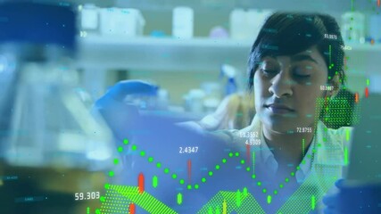 Aufkleber - Female lab researcher lifting blue flask with data overlays appearing and shifting tracking metrics