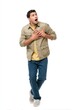 © IceSiCool Studio - A surprised man stands with hands on his chest, looking upward with shock, isolated on a white background.