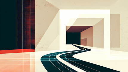 Wall Mural - futuristic empty neon studio corridor with abstract white 3d room light technology, silver road, and