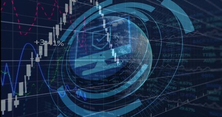 Poster - Globe emerging starting candlestick rising, graphs rotating rings, % labels showing market trend