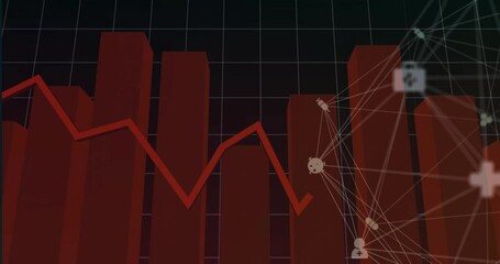 Poster - Grid appearing triggers red bars rising with line animating, mesh and icons emerging to show data