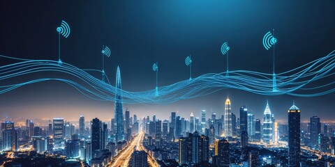 Poster - Urban skyline illuminated at night with digital signals representing connectivity and technology advancements in a modern city