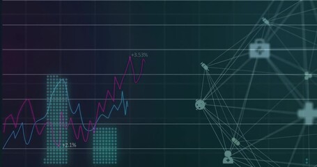 Poster - Grid activating magenta and blue lines drawing, bars rising and node icons appearing for insights