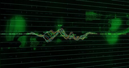 Poster - At start colorful waveform growing into peaks and oscillating across digital grid visualizing data