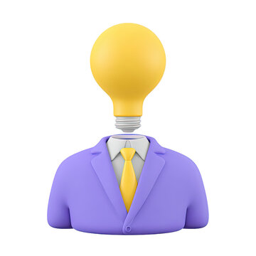 3D icon: business suit bust, bright yellow lightbulb head. Represents innovative ideas, creativity, inspiration, brilliant solutions, biz brainstorming.