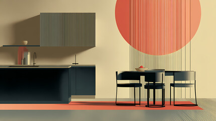 Wall Mural - light dining room interior with minimalist furniture and kitchen set. minimalist. illustration