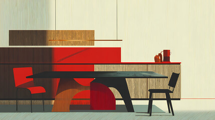 Wall Mural - light dining room interior with minimalist furniture and kitchen set. minimalist. illustration