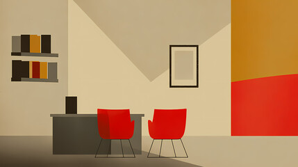Wall Mural - light office room interior with chairs, table and shelf with documents. minimalist. illustration
