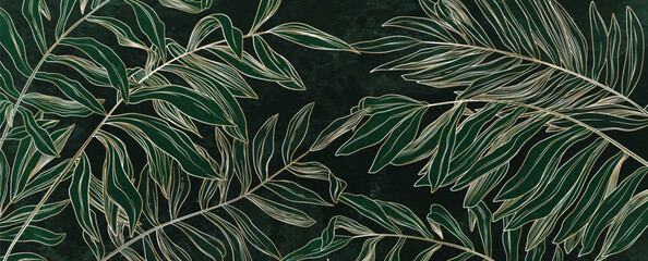 Wall Mural - luxury dark art background with tropical palm leaves in gold art line style. botanical banner with e