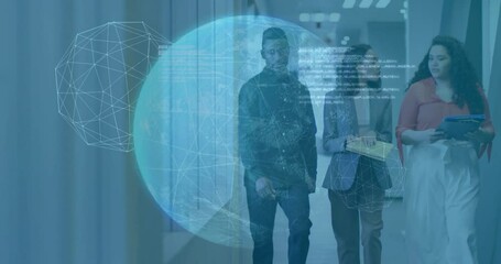 Poster - three person team walking hallway causing holographic sphere with code overlay discussing analytics