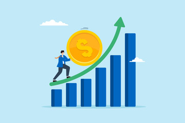 Poster - Flat illustration of businessman pushing large dollar coin upward rising bar chart financial growth investment effort earning profit saving pension fund and business success
