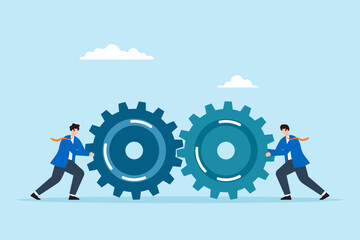 Poster - Flat illustration of two businessmen pushing large interlocking gears teamwork collaboration cooperation working together and joint effort in business operations