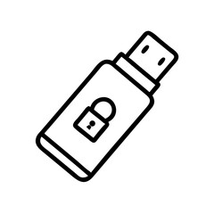 Poster - black outline icon of a USB drive with a padlock symbol. Could be used for tech blogs or websites discussing secure data storage and USB drive encryption.