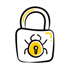 Aufkleber - A black and white doodle-style icon of a padlock with a bug-shaped lock on it. It could be used for cybersecurity blogs or websites discussing malware and security threats.