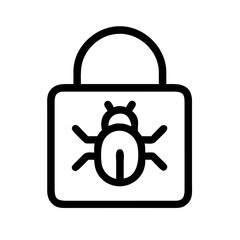 Aufkleber -  black outline icon showing a padlock with a smaller bug-shaped lock attached. Could be used for cybersecurity blogs or websites discussing malware and security threats.