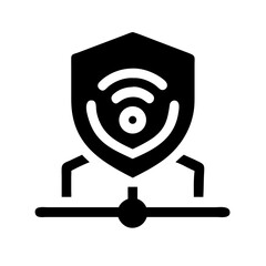 Aufkleber - shield containing a WiFi symbol, connected to a central node with lines extending outwards, representing secure wireless networking for articles about WiFi security, network protection, or wireless 