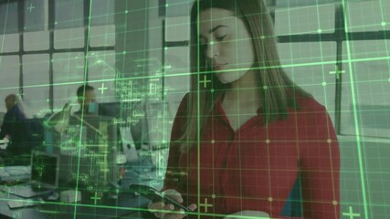 Poster - Woman tapping phone sending green overlay scanning for business insight with team working behind